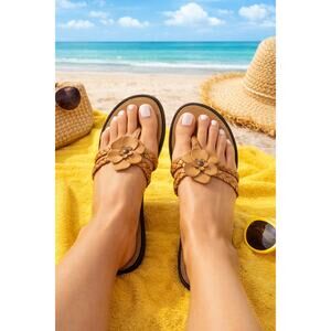 Women’s Braided Leather Sandals Flower Boho Beach Slip On Brown Size 7